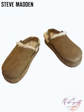 Steve Madden Mellow Tan Suede Faux Fur Platform Clogs | Size  8